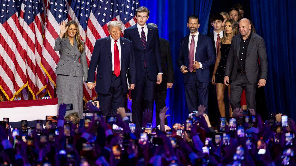 Republican presidential candidate and former President Donald Trump arrived at his election night party to celebrate his victory surrounded by family and friends, at the Palm Beach County Convention Center on Tuesday, Nov. 5, 2024, in West Palm Beach, Fla.
