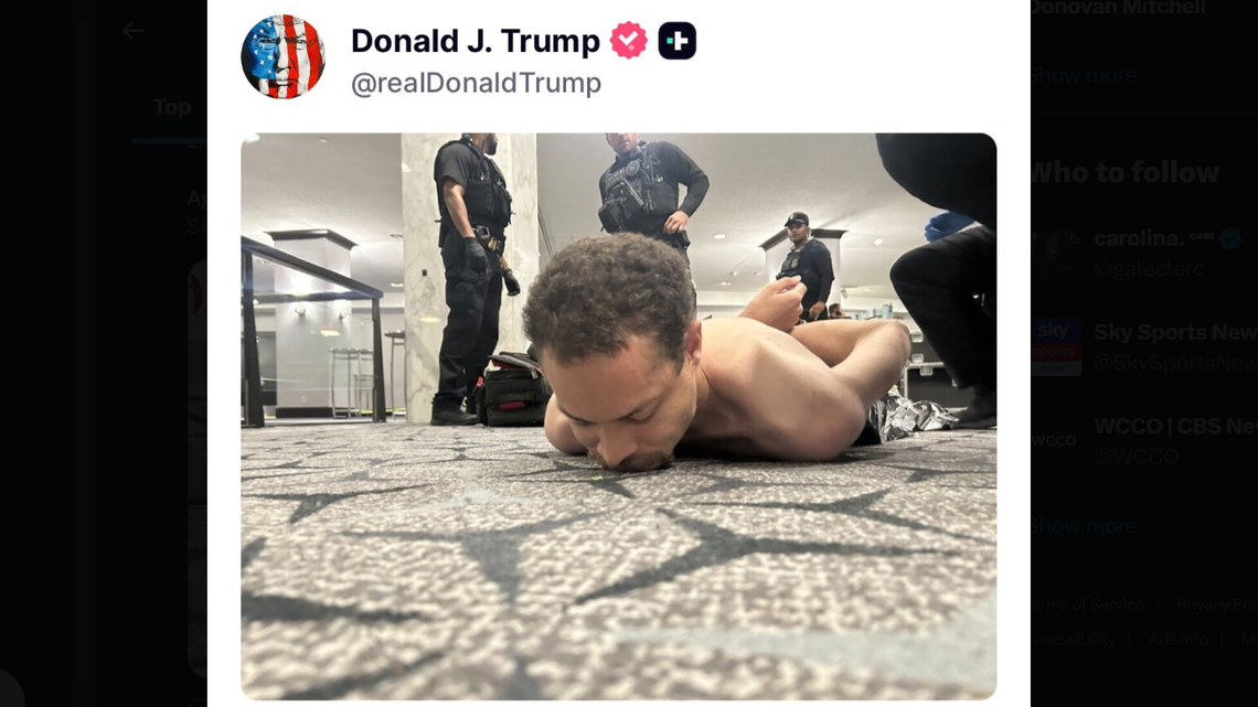 Imagen compartida en X por el presidente Donald Trump del sospechoso de un ataque armado durante la cena de la Asociación de Corresponsales de la Casa Blanca, en Washington DC. El sospechoso fue identificado como Cole Tomas Allen, de 31 años, un residente en Torrance, un suburbio del suroeste de Los Ángeles, California.