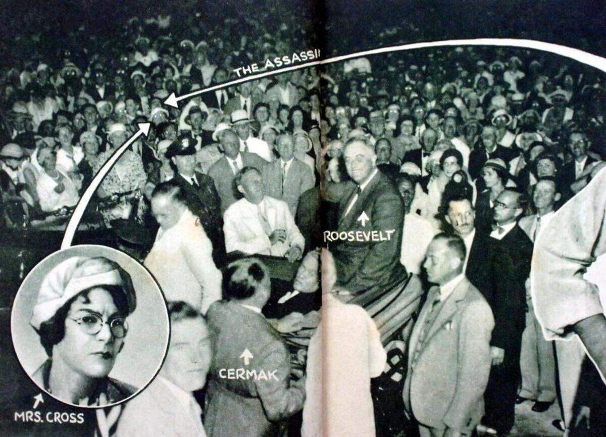 Giuseppe Zangara compró una pistola calibre .32 por ocho dólares en una farmacia del centro y dos días después, el 15 de febrero de 1933, se dirigió al parque Bayfront con la intención de matar al presidente Franklin Delano Roosevelt, quien daba un discurso ante la mayor multitud reunida en Miami en esa época. Zangara disparó cinco veces, pero falló el tiro cuando una ama de casa de Miami, Lillian Cross, lo agarró del brazo.