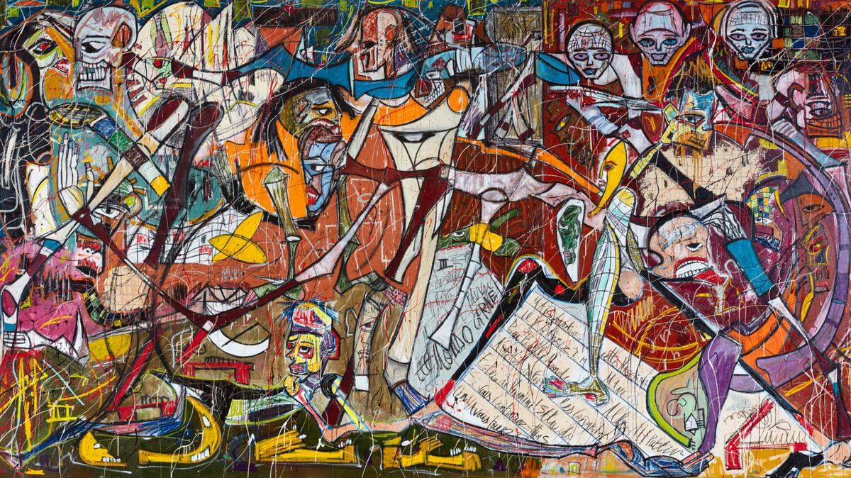 ‘Mondo Carne’, 2022, óleo, pastel, acrílico, carboncillo, y guache sobre lienzo, 103 x 191 x 2 1/2 pulgadas.
