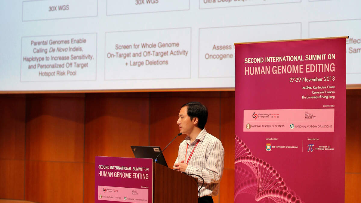 He Jiankui, a Chinese researcher, speaks during the Human Genome Editing Conference in Hong Kong, Wednesday, Nov. 28, 2018. He made his first public comments about his claim to have helped make the world’s first gene-edited babies. (AP Photo/Kin Cheung)