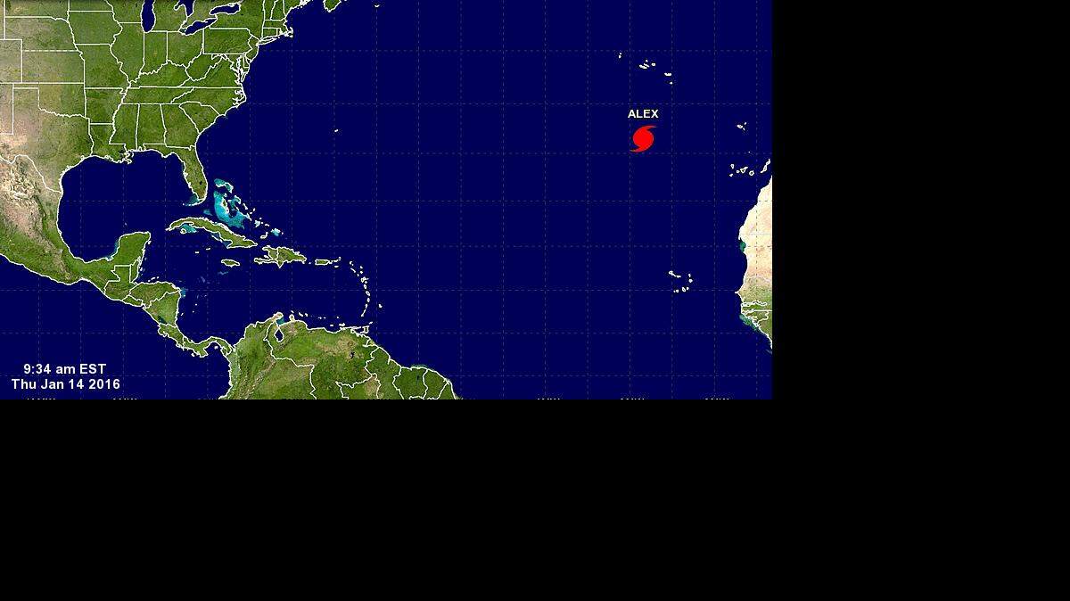 La tormenta Alex, que se formó en el extremo este del Atlántico, estaba localizada hoy cerca de la latitud 31,5 grados norte y la longitud 28,4 grados oeste. NOA