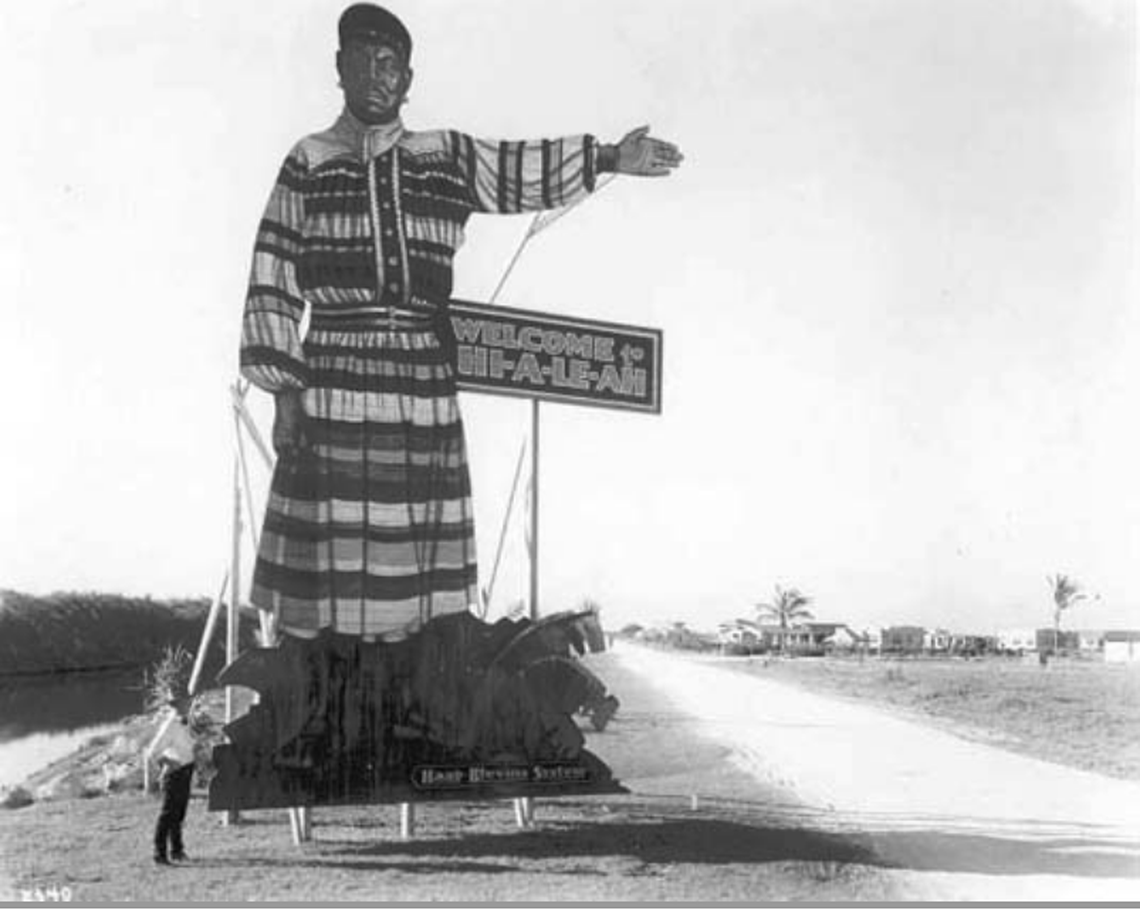 Sign depicting the Seminole Jack Tigertail welcoming visitors to Hialeah in 1921