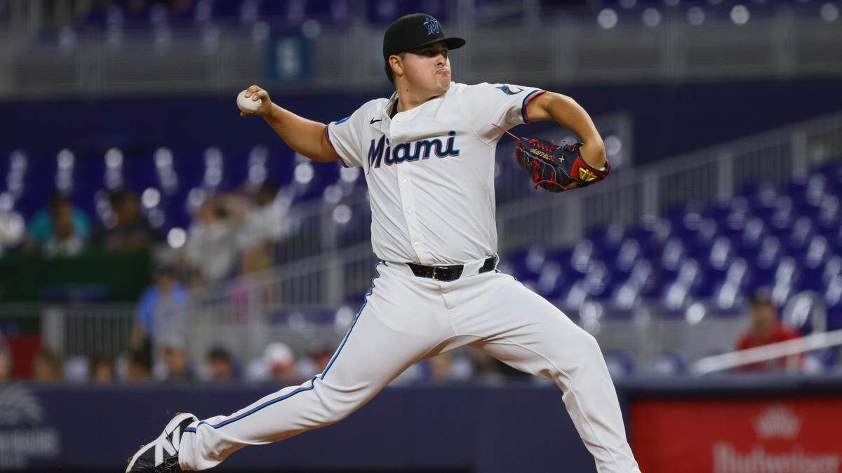 El abridor de los Marlins Valente Bellozo trabajó seis entradas y no permitió hit a la tanda de los Nacionales de Washington, en el partido celebrado el 4 de agosto de 2024 en Miami.