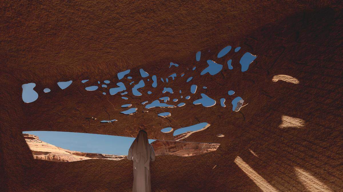 Representación conceptual que muestra el paisaje de la la Reserva Natural de Sharaan visto desde el interior del complejo turístico.