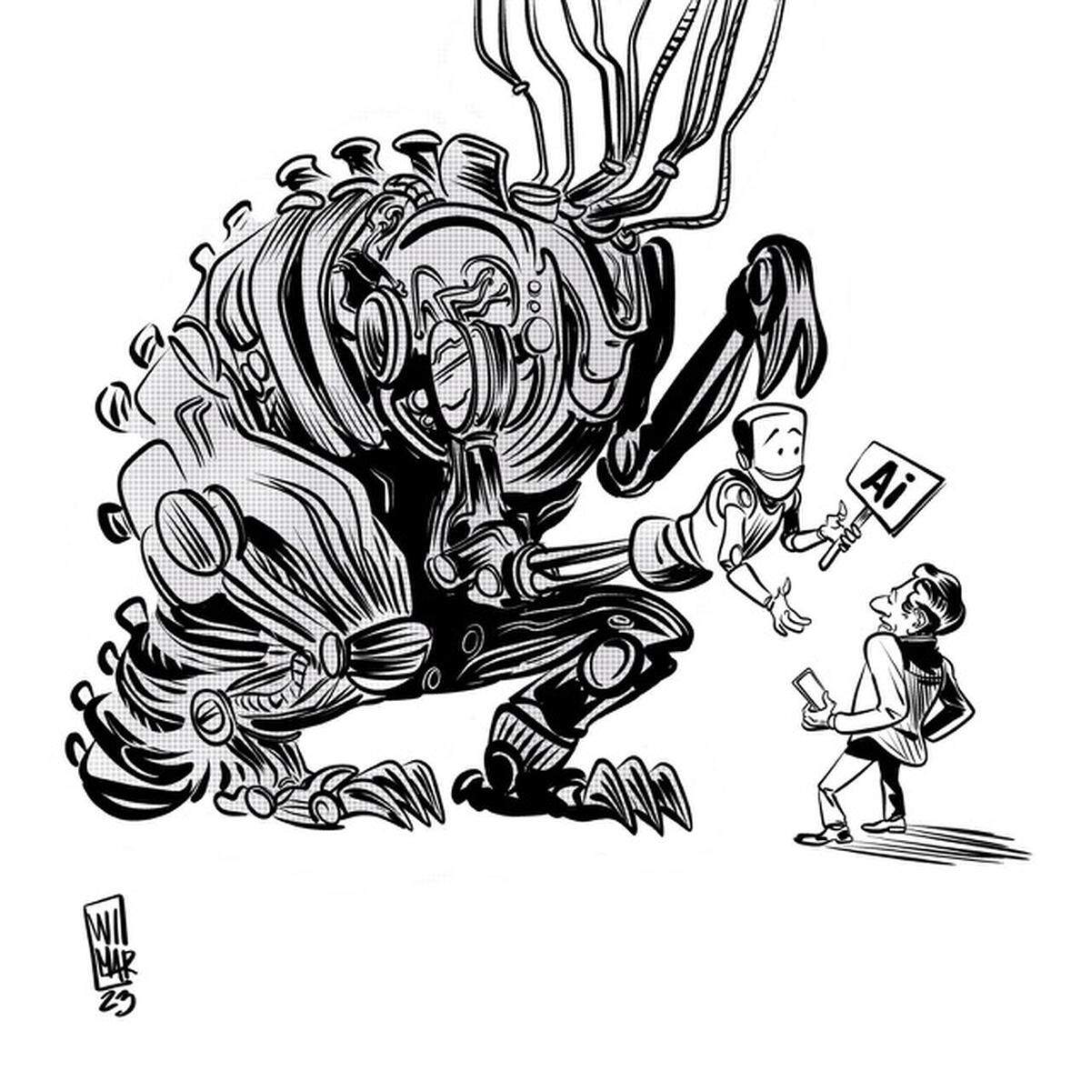 Caricatura sobre la inteligencia artificial publicada en Francia en un libro de Gallimard.