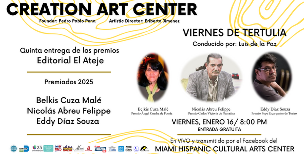 Los escritores cubanos Belkis Cuza Malé, Nicolás Abreu Felippe y Eddy Díaz Souza, reciben el Premio Editorial El Ateje 2025 en el Miami Hispanic Cultural Arts Center.