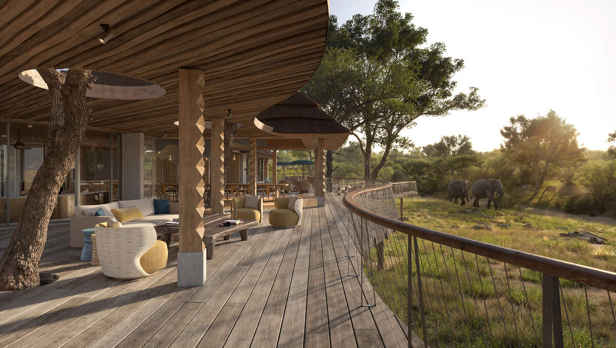 Terraza del el Safari Lodge, junto al lecho seco del río.