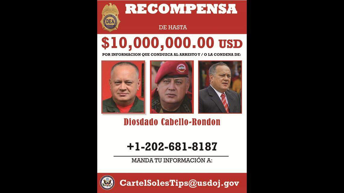 Anuncio del Departamento de Justicia ofreciendo una recompensa por el arresto de Diosdado Cabello.