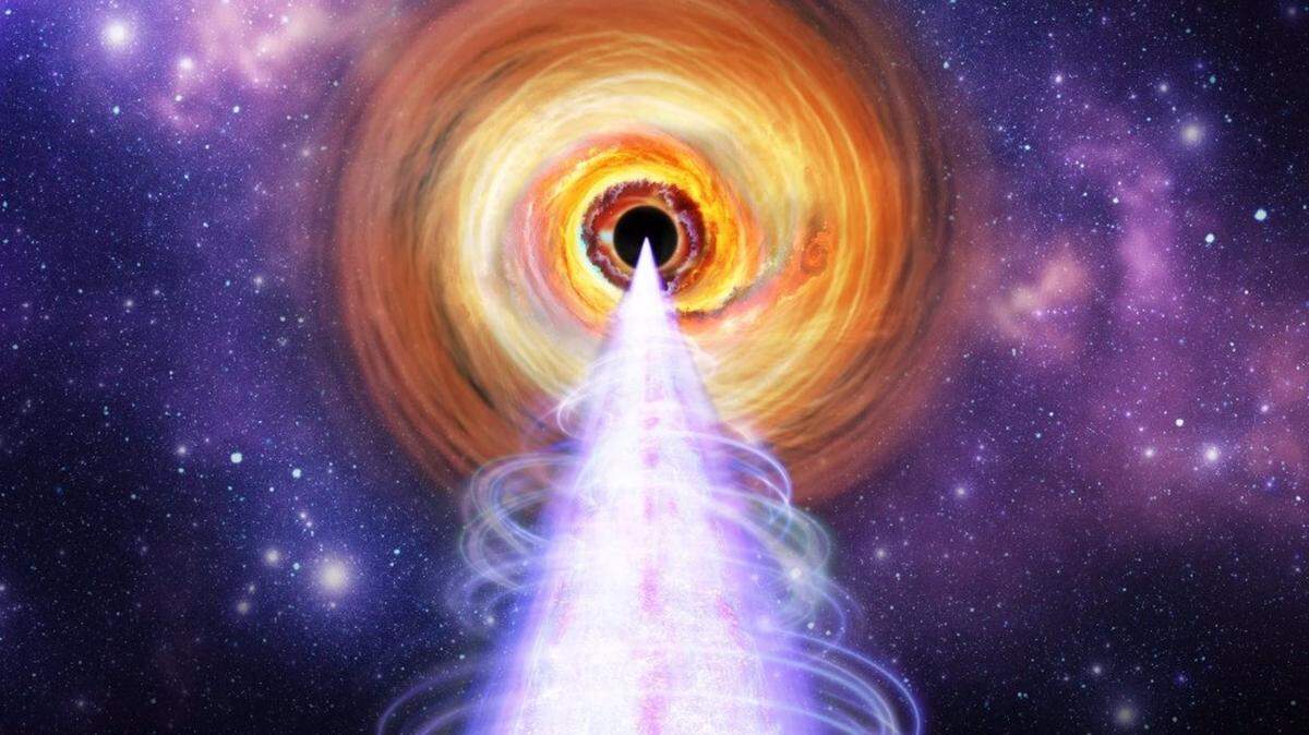07/05/2025 Este concepto artístico representa la región central del blazar BL Lacertae, un agujero negro supermasivo rodeado por un disco brillante y un chorro orientado hacia la Tierra.

