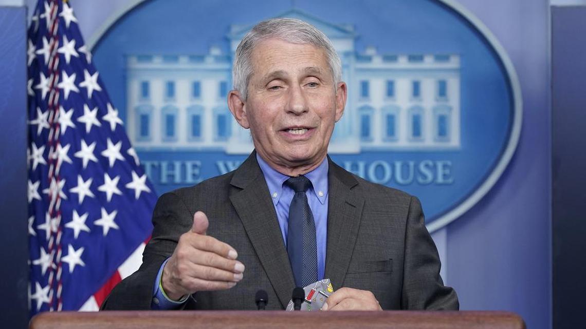 In this April 13, 2021, file photo, Dr. Anthony Fauci, director of the National Institute of Allergy and Infectious Diseases, speaks during a press briefing at the White House in Washington.