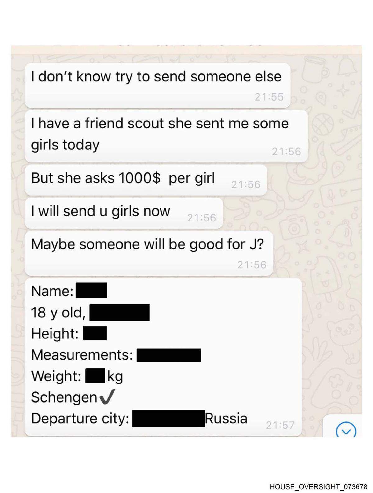 Esta foto, producida por el patrimonio de Jeffrey Epstein y publicada el jueves 18 de diciembre de 2025 por el Comité de Supervisión y Reforma Gubernamental de la Cámara de Representantes, muestra una conversación por mensaje de texto en donde se habla de enviar a una joven mujer y que costaría $1,000.
