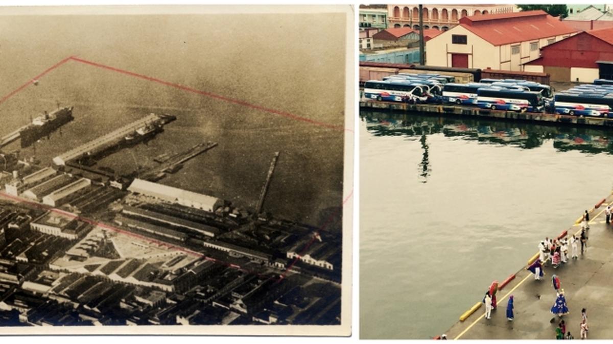 A la izquierda, una foto de 1941 de la terminal y almacenes del Puerto de Santiago de Cuba, operados por La Marítima Parreño. La propiedad fue confiscada por el gobierno cubano en 1960. A la derecha, una vista parcial de las mismas instalaciones en el 2016.