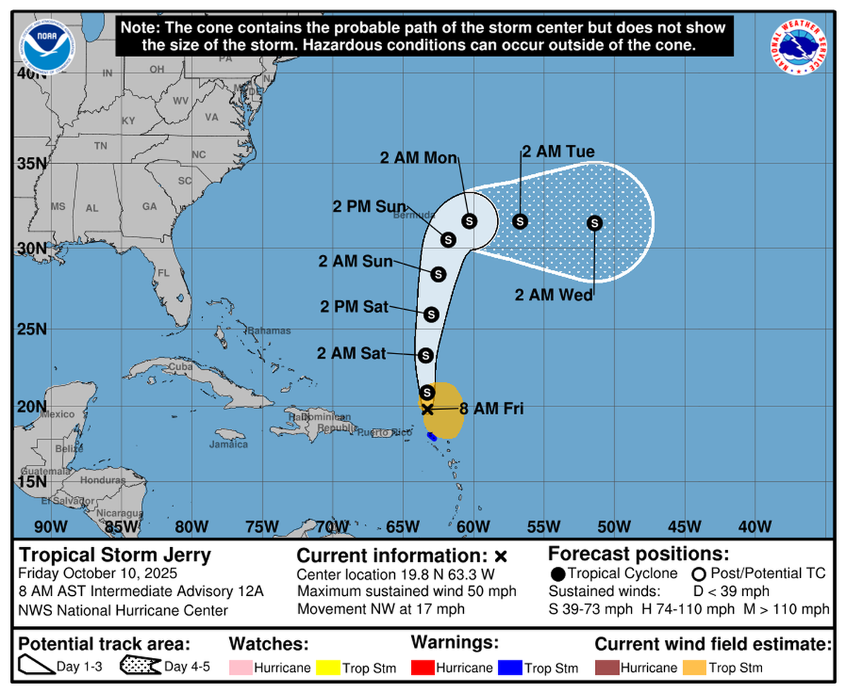 La tormenta tropical Jerry rozó el norte de las Islas de Sotavento y ahora se dirige al norte.