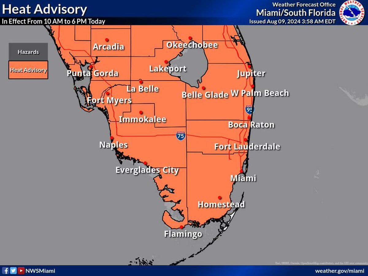 Aviso para toda la Florida. En el sur de la Florida se sentirán 104 grados o más.