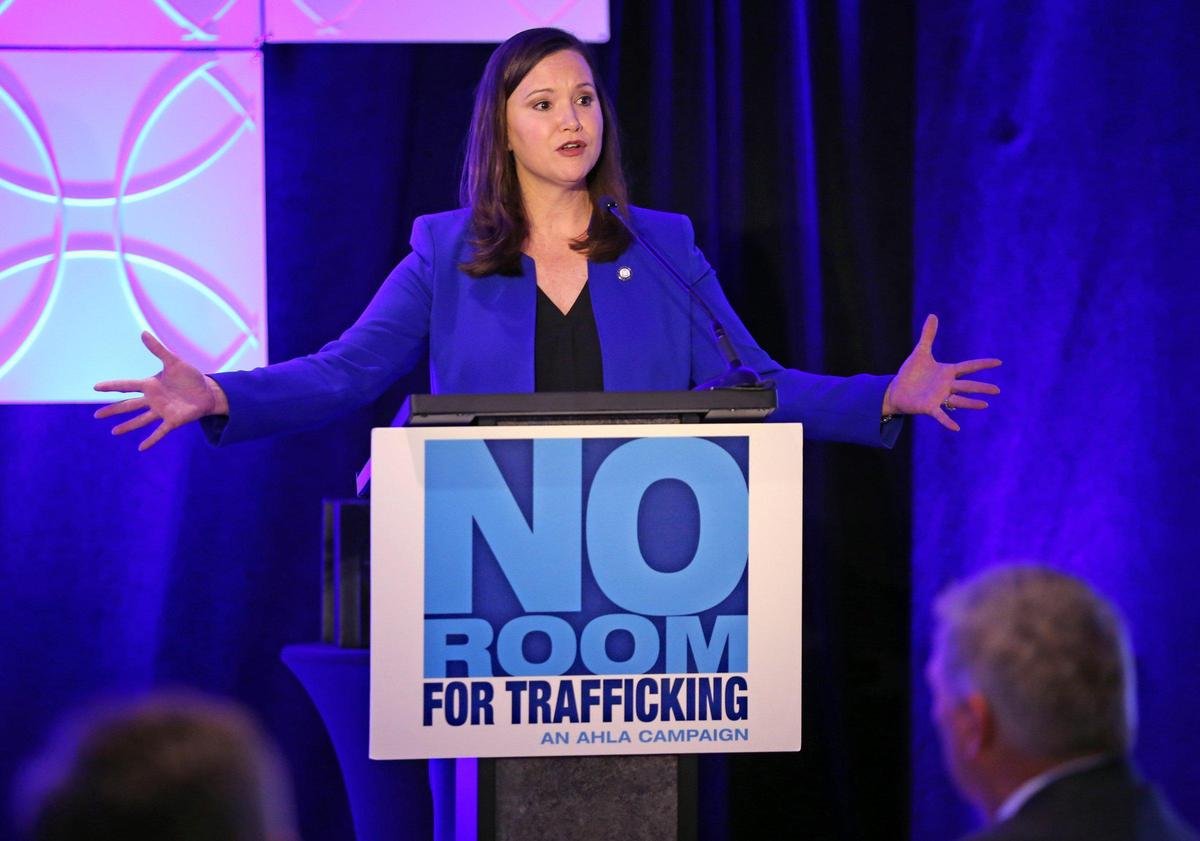 State of Florida Attorney Ashley Moody speaks as the Hotel Industry convenes an Anti-Trafficking Summit ahead of Super Bowl LIV, at the Fontainebleau Miami Beach on Thursday, January 9, 2020.