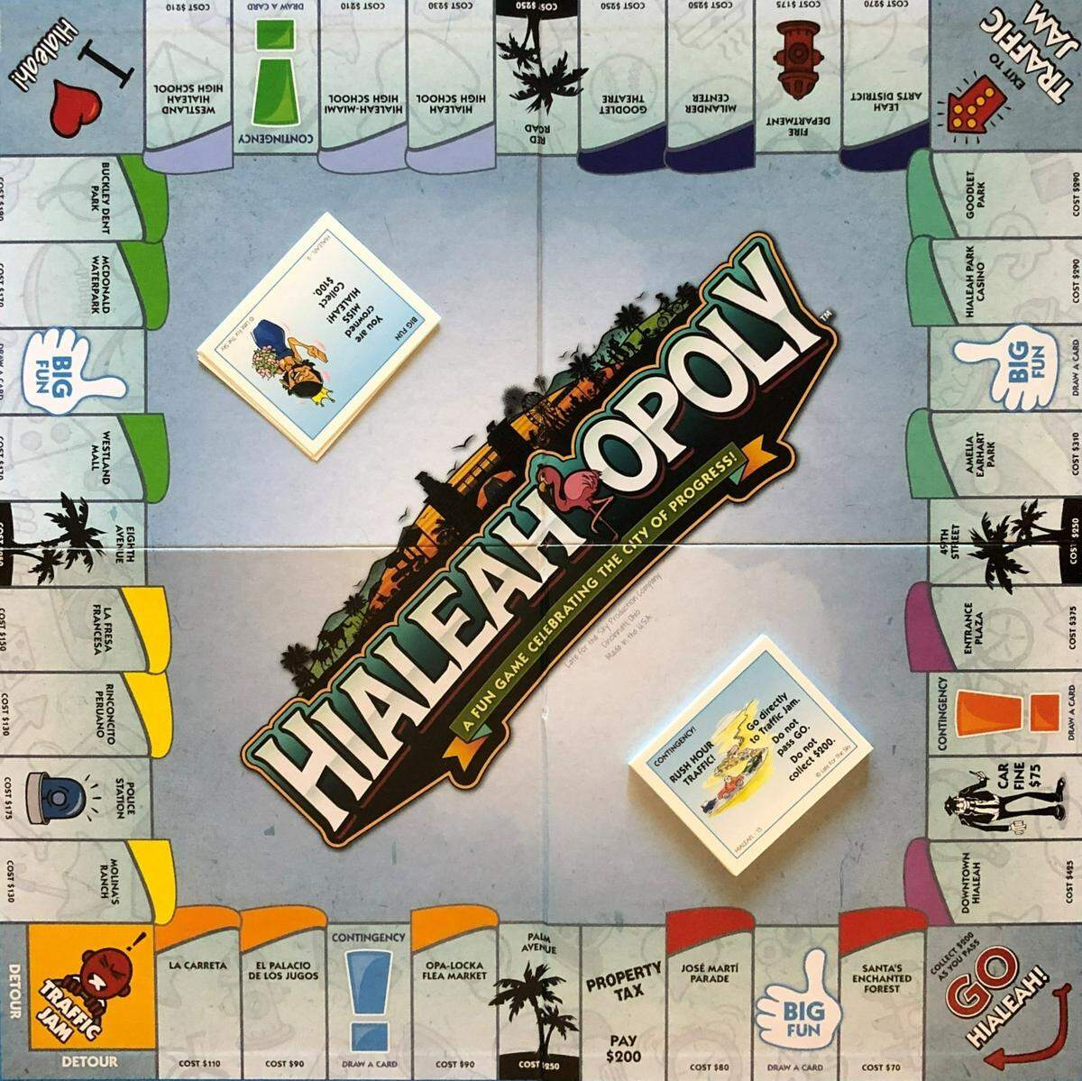 El juego de monopolio llamado “Hialeahopoly” en honor a “la Ciudad que Progresa” tiene la mayoría de los lugares más emblemáticos de la municipales. Desde famosas avenidas, las escuelas más destacadas, hasta los restaurantes que han marcado su cultura