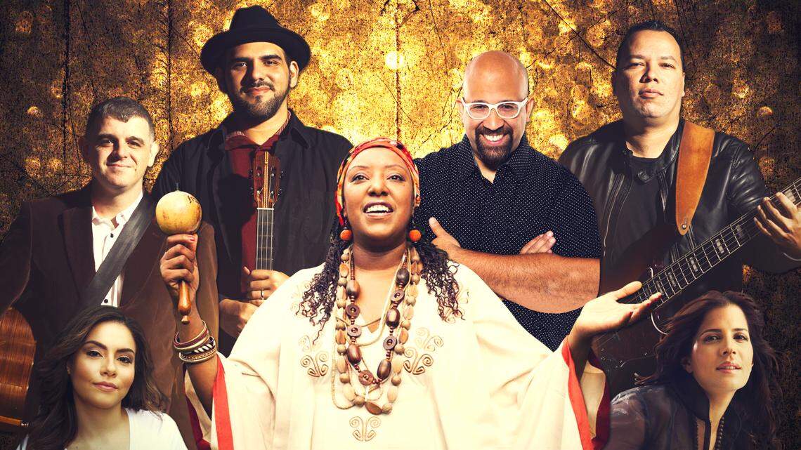 Elenco de “Aguinaldos…”: (desde la izq. frente) Astrid Celeste, Betsayda Machado y Mariaca Semprún. (Al fondo): Héctor Molina, Jorge Glem, Diego “El Negro” Álvarez y Rodner Padilla.