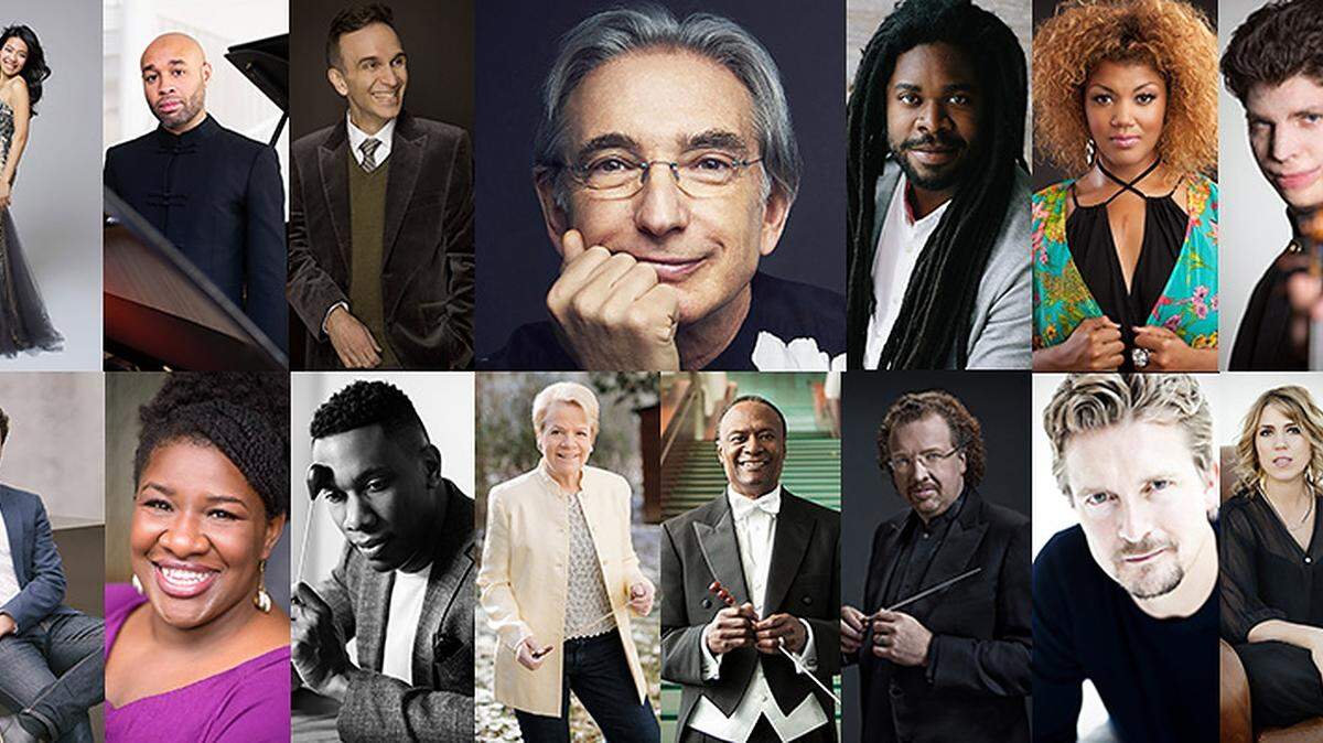 Todos los artistas de la temporada 2021-22 de la New World Symphony. Arriba (de izq. a der.): Joyce Yang, Aaron Diehl, Gil Shaham, Michael Tilson Thomas, Dashon Burton, Measha Brueggergosman y Augustin Hadelich. Abajo (de izq. A der.): Christian Reif, Ronnita Miller, Roderick Cox, Marin Alsop, Thomas Wilkins, Stéphane Denève, Christian Tetzlaff y Gabriela Montero. 