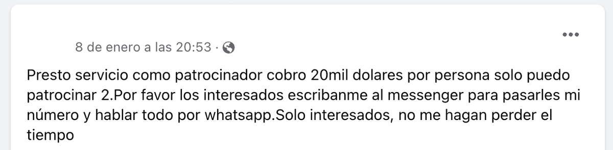 Una persona ofrece su patrocinio por un precio de $20,000 dólares. La Embajada de los Estados Unidos advirtió sobre estafas en torno al proceso gratuito para solicitar el ‘parole’.
