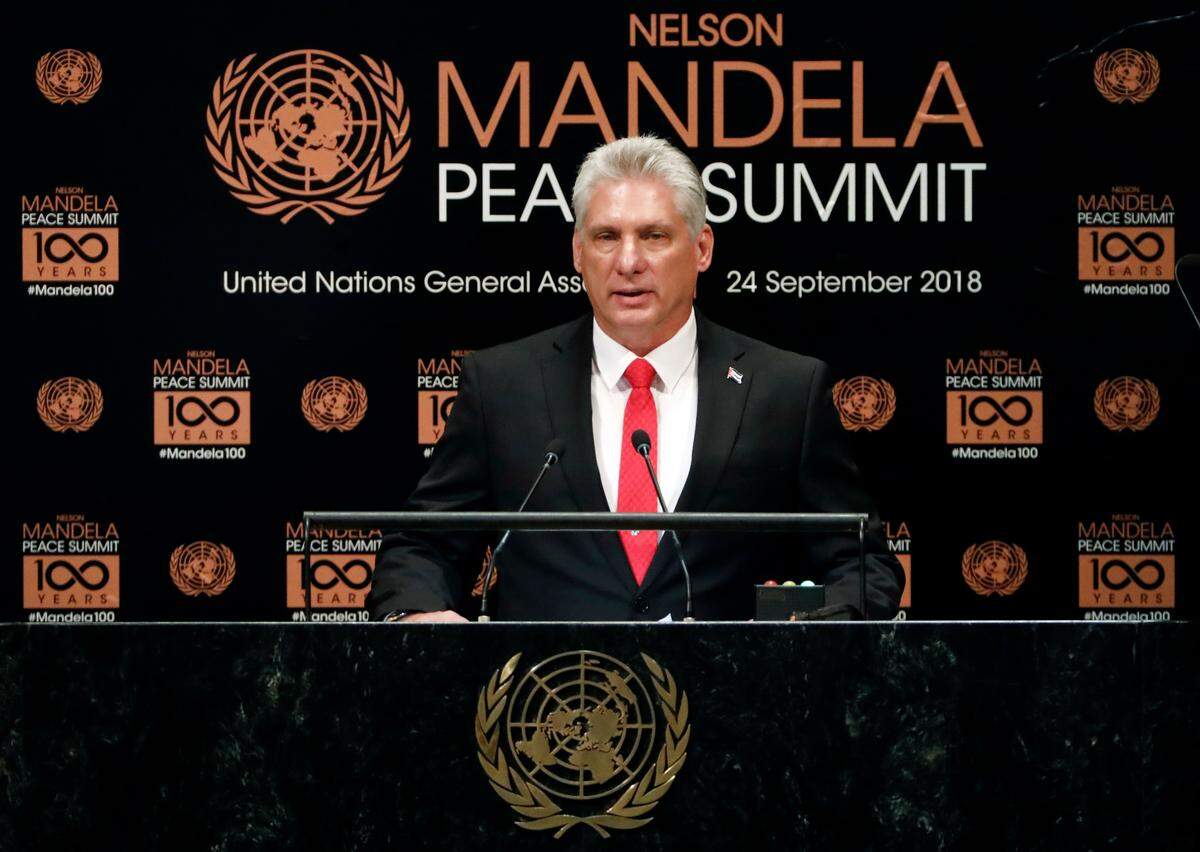 Cuba’s President Miguel Diaz-Canel addresses the Nelson Mandela Peace Summit in the United Nations General Assembly, at U.N. headquarters, Monday, Sept. 24, 2018.