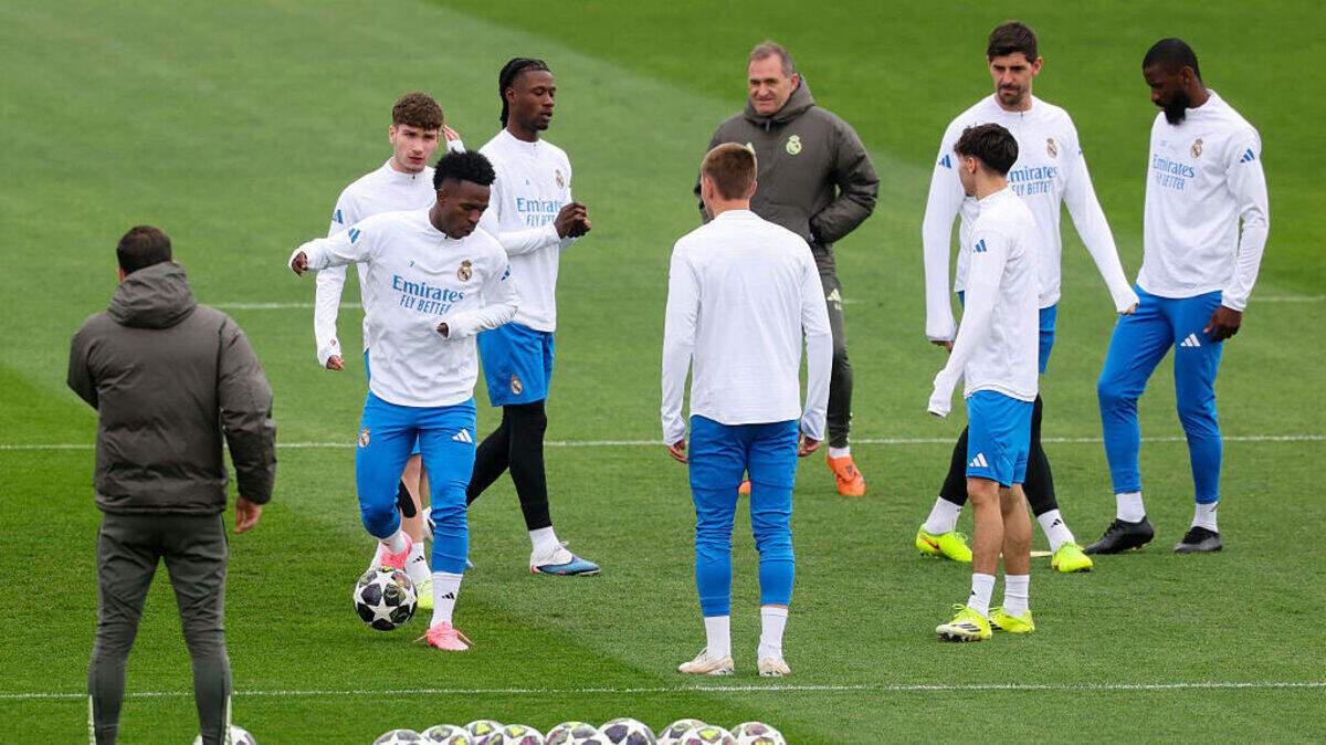 Los jugadores del Real Madrid realizan un entrenamiento en la víspera del partido de ida de octavos de final de la Liga de Campeones ante el Manchester City, el 10 de marzo de 2026 en Madrid. 