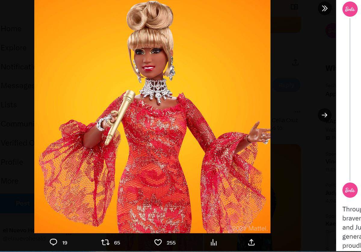 Imagen tomada de X (antes Twitter) que muestra la muñeca Barbie en homenaje a Celia Cruz.