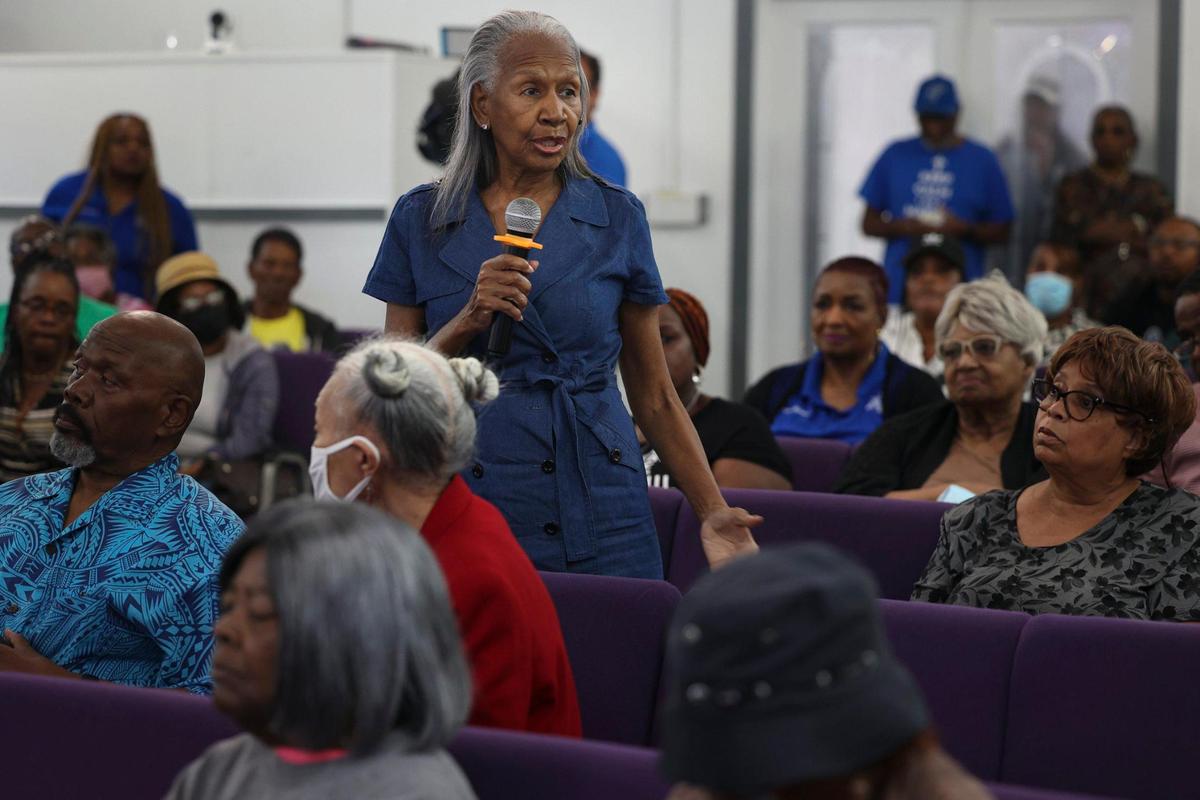 Jacqueline Culver Simpson asks a question at a press conference about when Brownsville will provide more information on Hialeah’s plan to incorporate the Brownsville Industrial Zone on Monday, April 24, 2023 at Brownsville Church of Christ. The area includes industrial warehouses and also houses and the church.