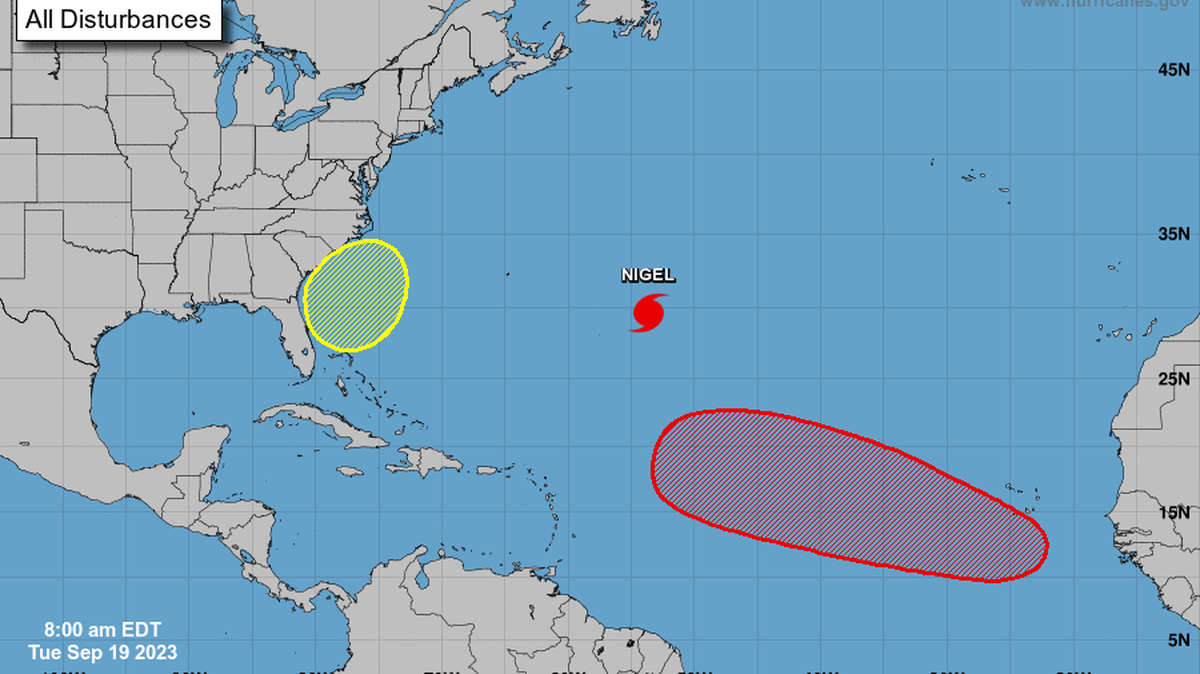 El huracán Nigel se intensifica en el Atlántico y un sistema tropical podría formarse cerca de la costa este de Florida.