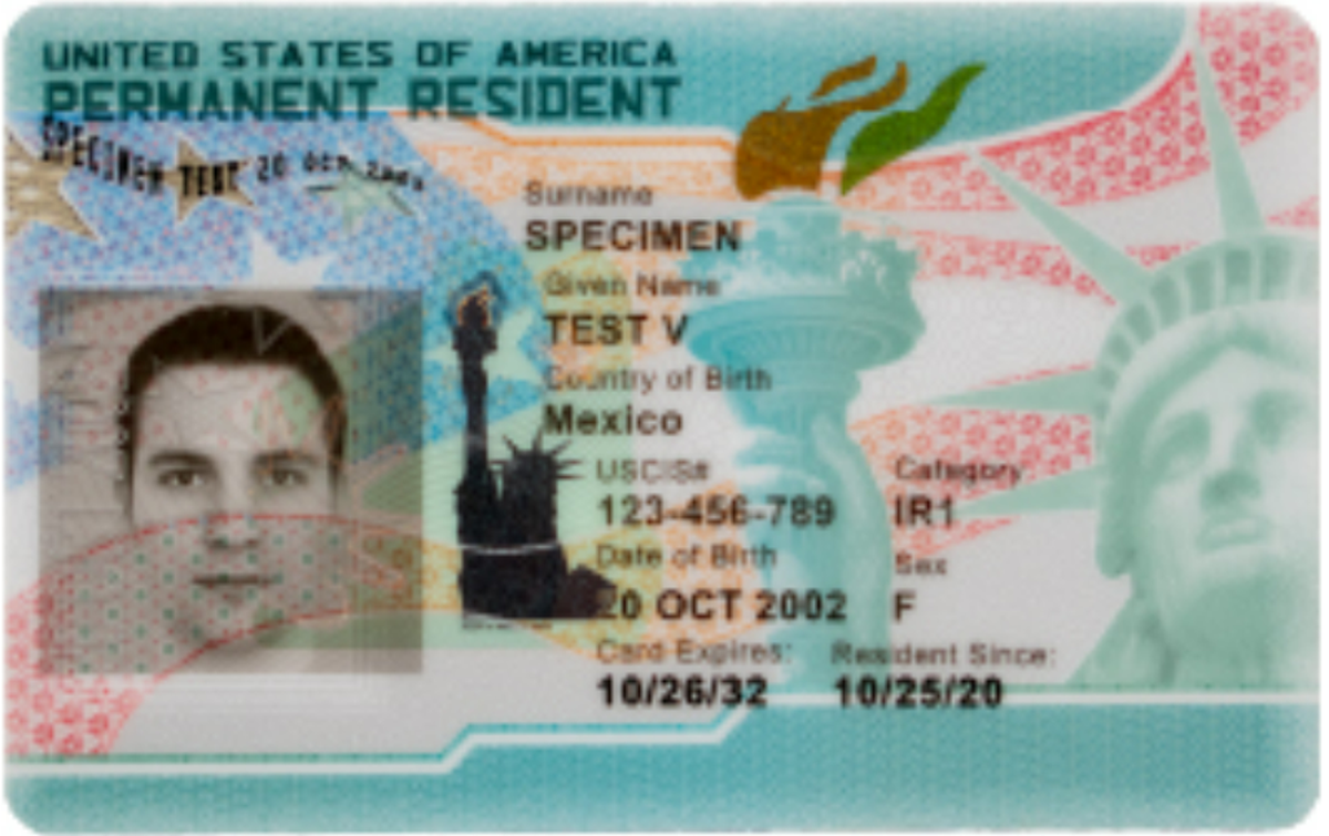 Nuevo diseño de la parte frontal de la tarjeta de residencia permanente legal.