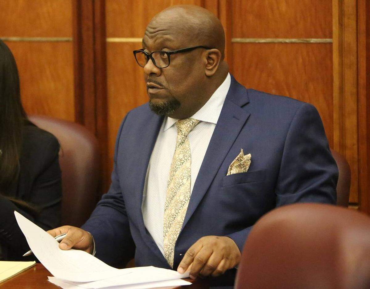 Defendant Alphonso Lucas hears opening statements at his first-degree murder trial on Tuesday, June 18, 2019, in the courtroom of Judge Teresa Mary Pooler.