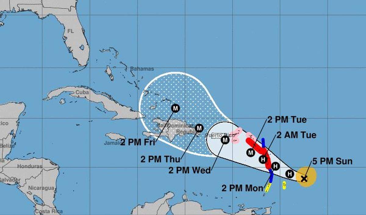 Trayectoria prevista para la tormenta María de acuerdo al boletín del Centro Nacional de Huracanes del domingo 17 de septiembre de 2017 a las 5:00 p.m.