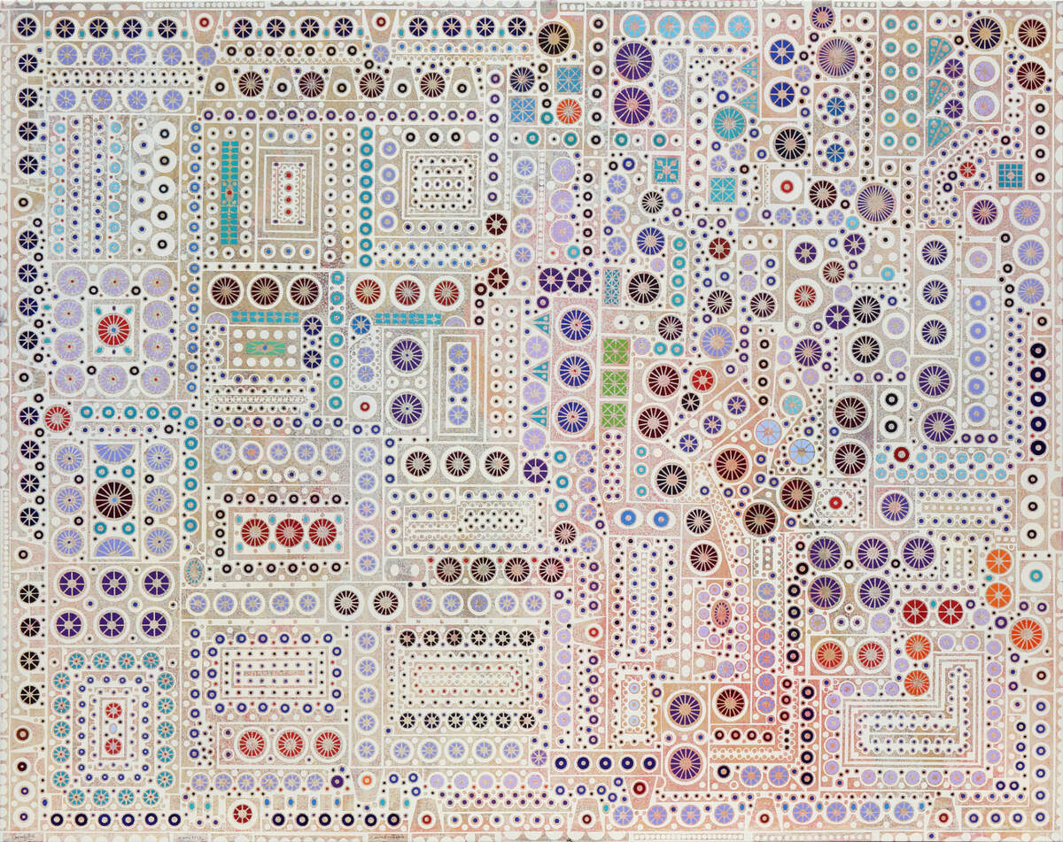 ‘Ciudad entropía’, 2022, óleo y lápices de acuarela sobre lienzo, 70 x 88 pulgadas.