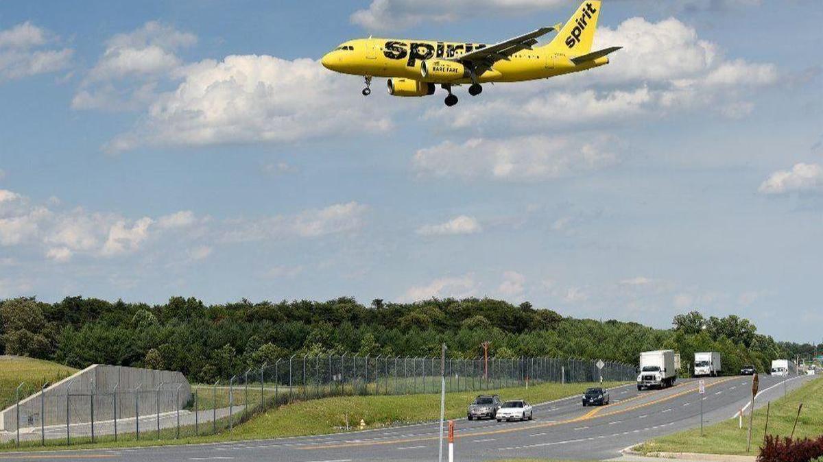 An arriving Spirit Airlines airplane approaches Baltimore/Washington International Thurgood Marshall Airport to land. (Paul W. Gillespie/BSMG file/TNS)
