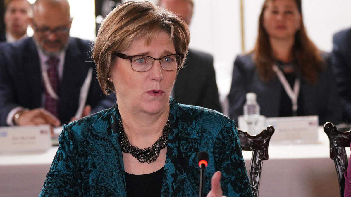 US Ambassador to Honduras, Laura F. Dogu (L), speaks next to the US Under Secretary of State for Civilian Security, Democracy, and Human Rights Uzra Zeya during the launch of the US-Honduras Strategic and Human Rights Dialogues to discuss migration, corruption, and security issues, at the Presidential House in Tegucigalpa, on January 10, 2023. (Photo by STRINGER / AFP) (Photo by STRINGER/AFP via Getty Images)