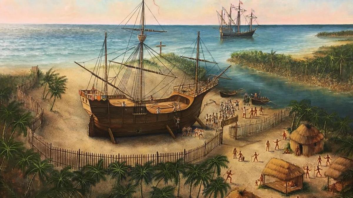 Reproducción de la pintura de Robert Rasche que describe la "verdadera" suerte que tuvo el buque insignia la Santa María de Cristóbal Colón, según los hallazgos del historiador luso-estadounidense Manuel Rosa, y que fue presentada el lunes 9 de octubre de 2017, en la Universidad de West Virginia, en la ciudad de Keyser de EE.UU., con motivo de la celebración de Columbus Day.
