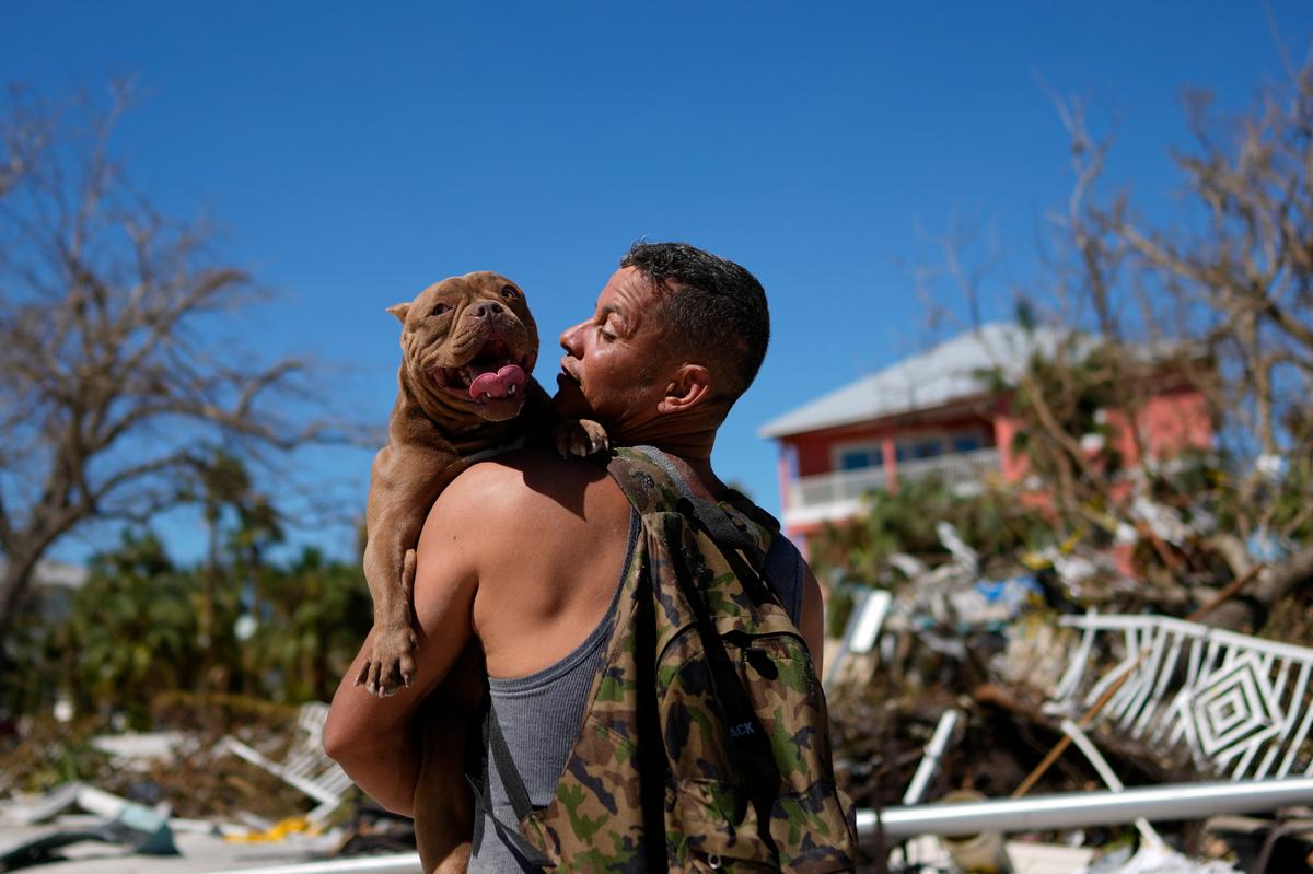 Eduardo Tocuya carga a un perro, el viernes 30 de septiembre de 2022, que recuperó con la esperanza de reunirlo con sus dueños, dos días después del paso del huracán Ian, en Fort Myers Beach, Florida.