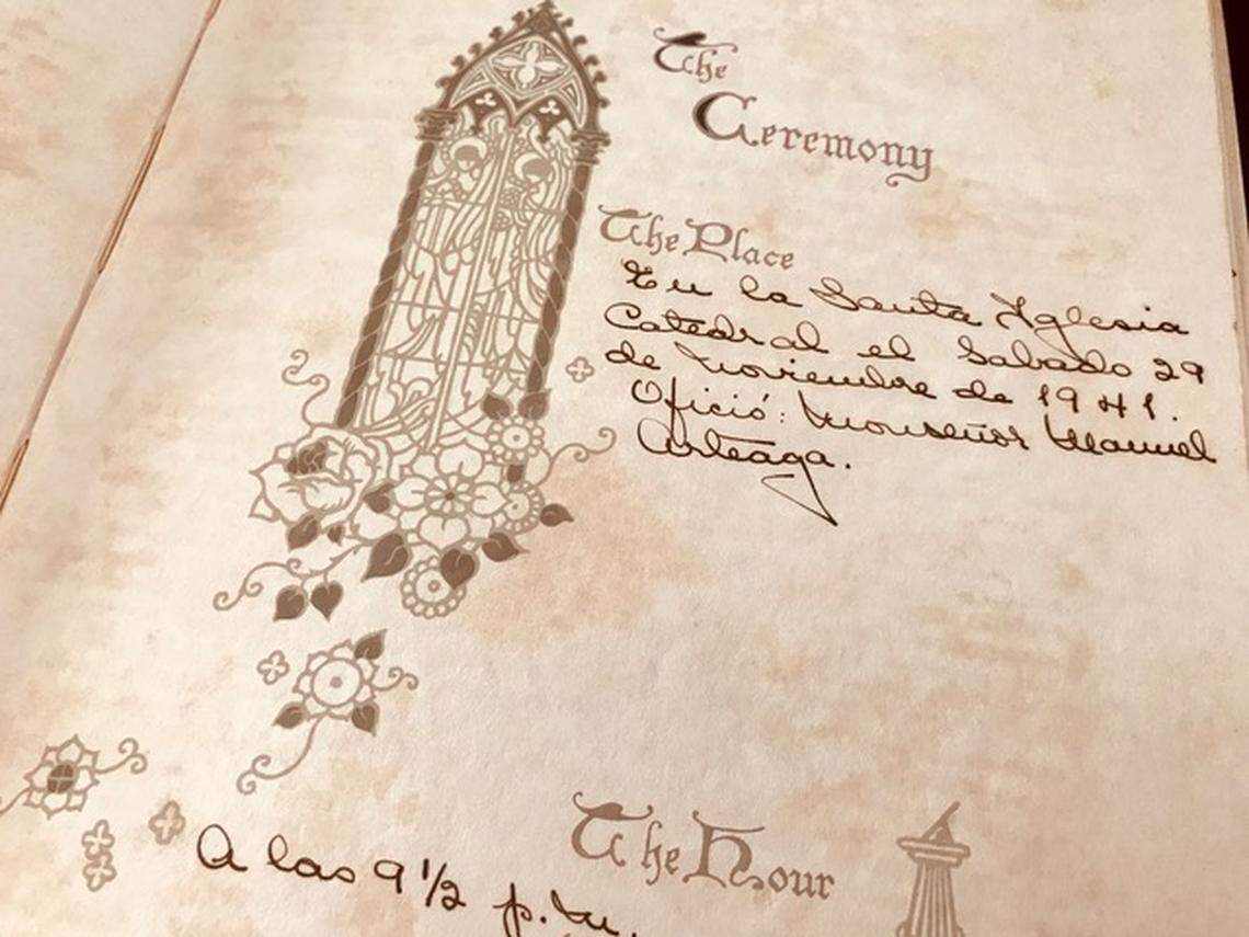 The wedding album, with gold-trimmed pages, includes details of the engagement, the bachelorette party, the 1941 wedding’s trousseau and the honeymoon in the United States.