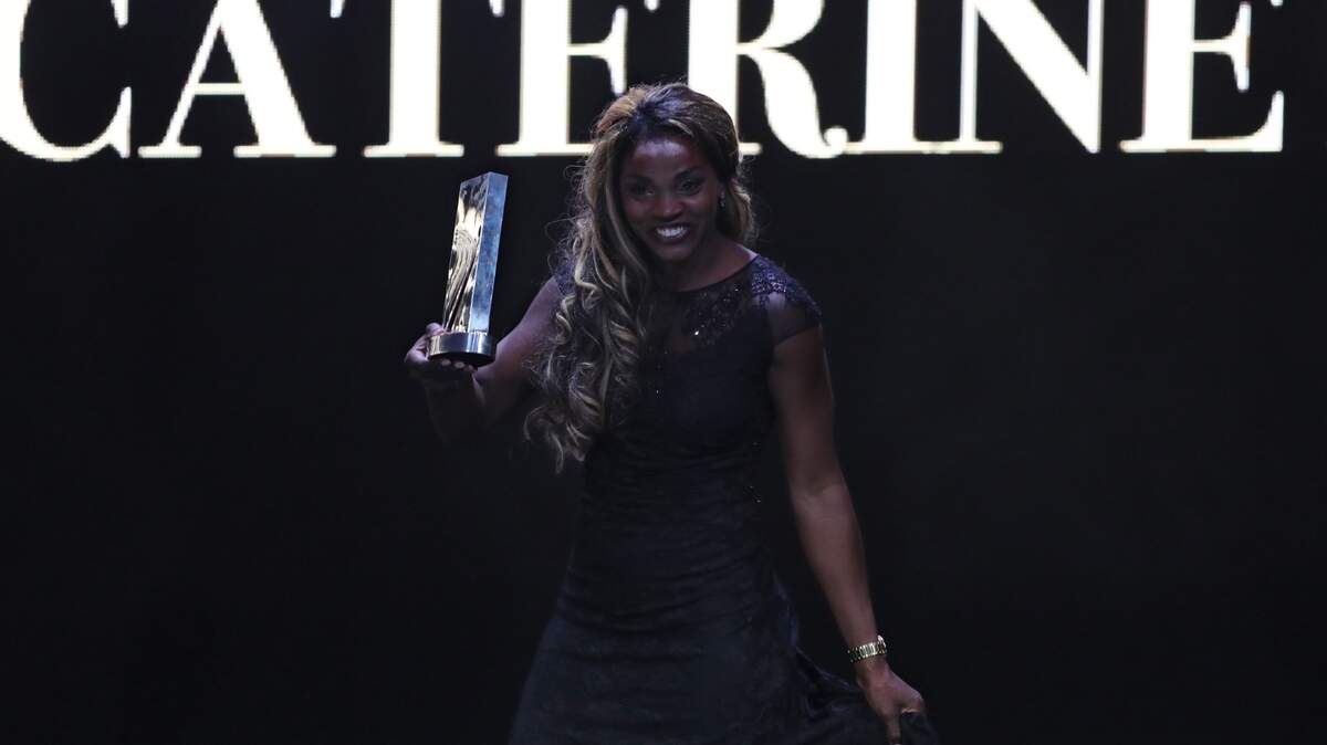 Colombia’s athlete Caterine Ibarguen reacts after receiving the Female athlete of the year award during the IAAF athlete of the year awards ceremony, on December 4, 2018 in Monaco. (Photo by Valery HACHE / AFP)VALERY HACHE/AFP/Getty Images