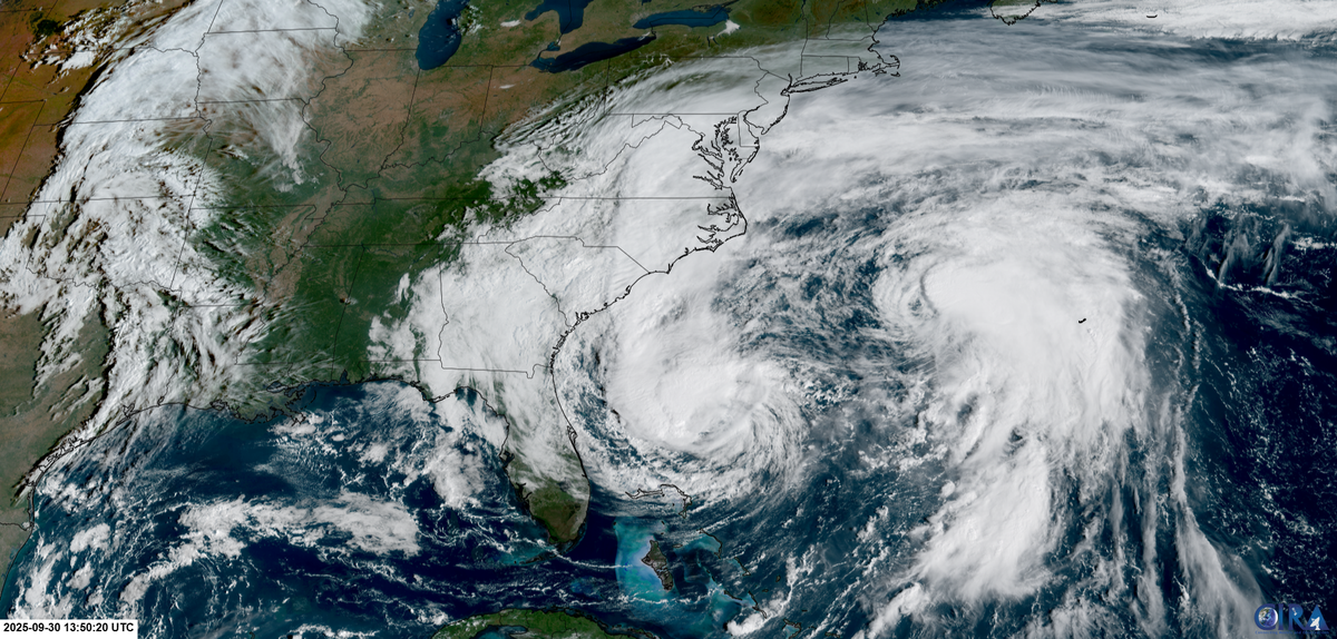 El satélite GOES-19 de la NOAA capturó los huracanes Imelda (izquierda) y Humberto (derecha) azotando la costa este de EE. UU. el 30 de septiembre de 2025 con fuerte oleaje.