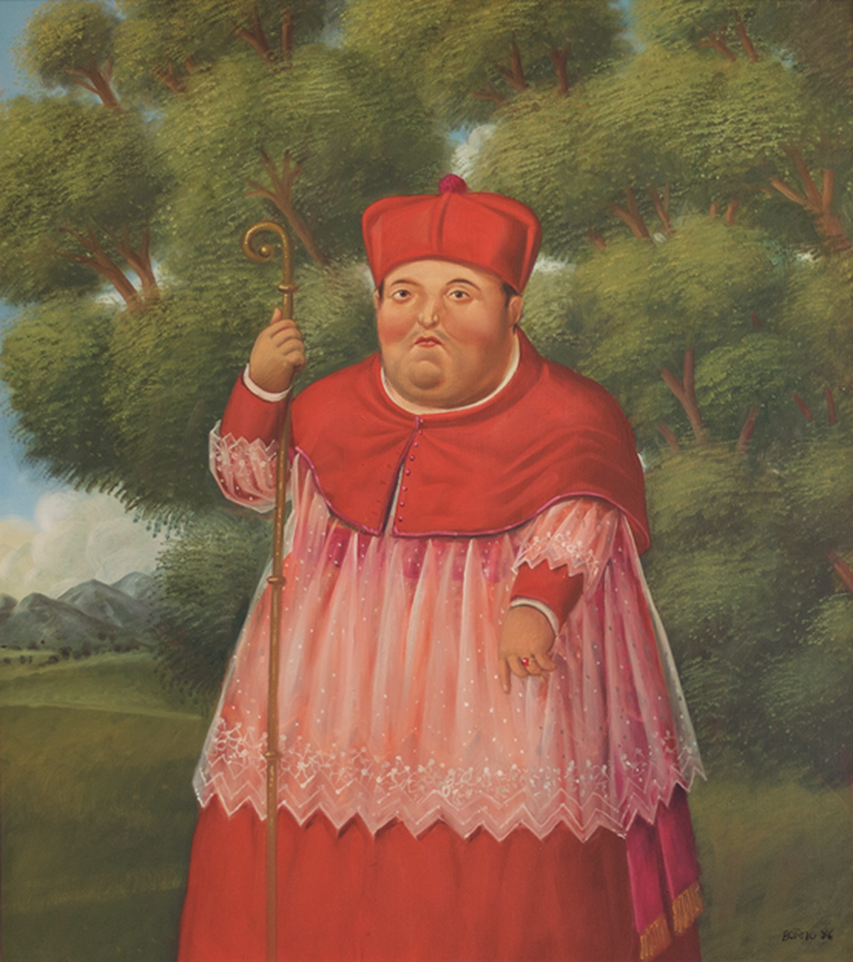 “Obispo de los bosques”, 1996, de Fernando Botero. Óleo sobre lienzo, 36 x 32 pulgadas (92.7 x 82.6 cm.).