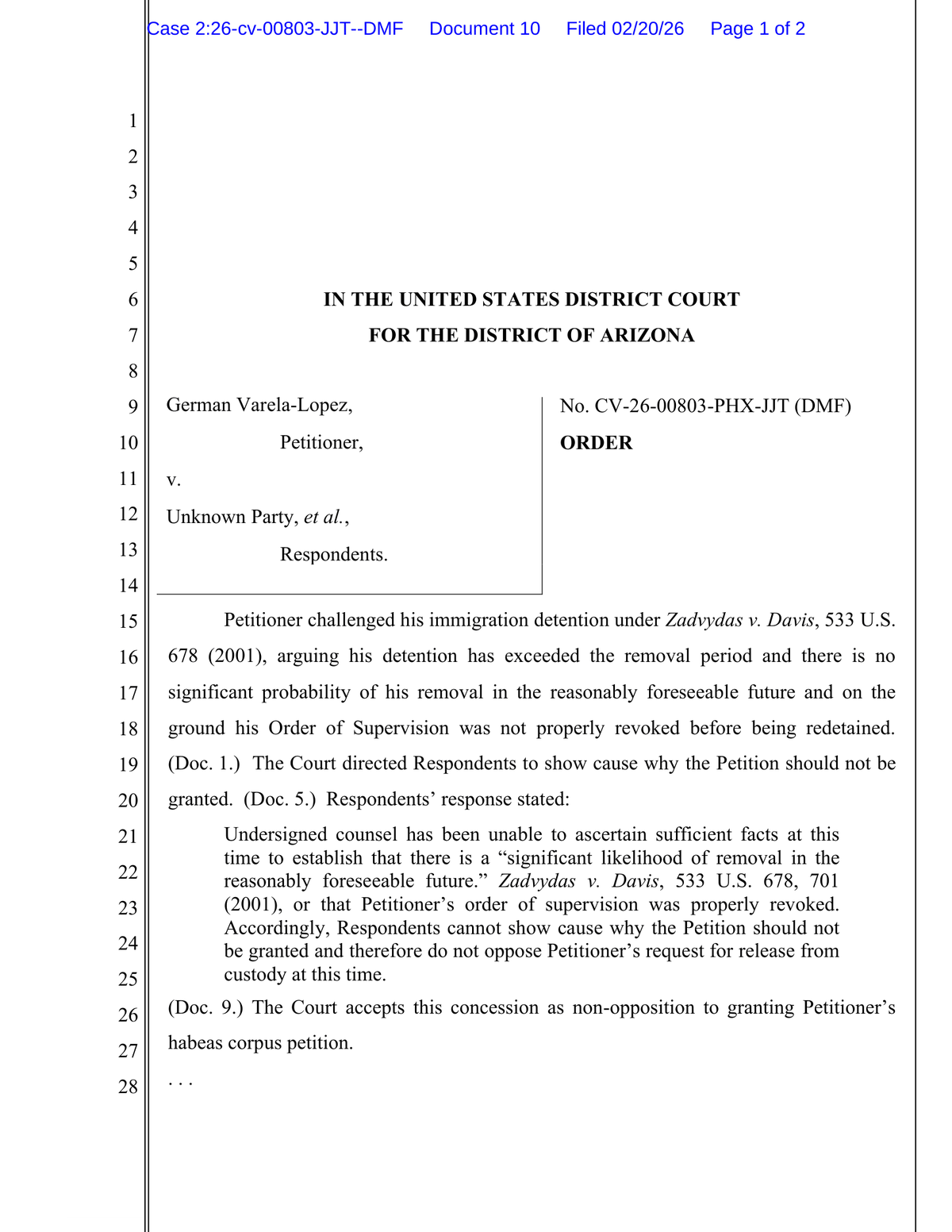 Orden de un juez de Arizona concediendo el habeas corpus al exmilitar Germán Rodolfo Varela López