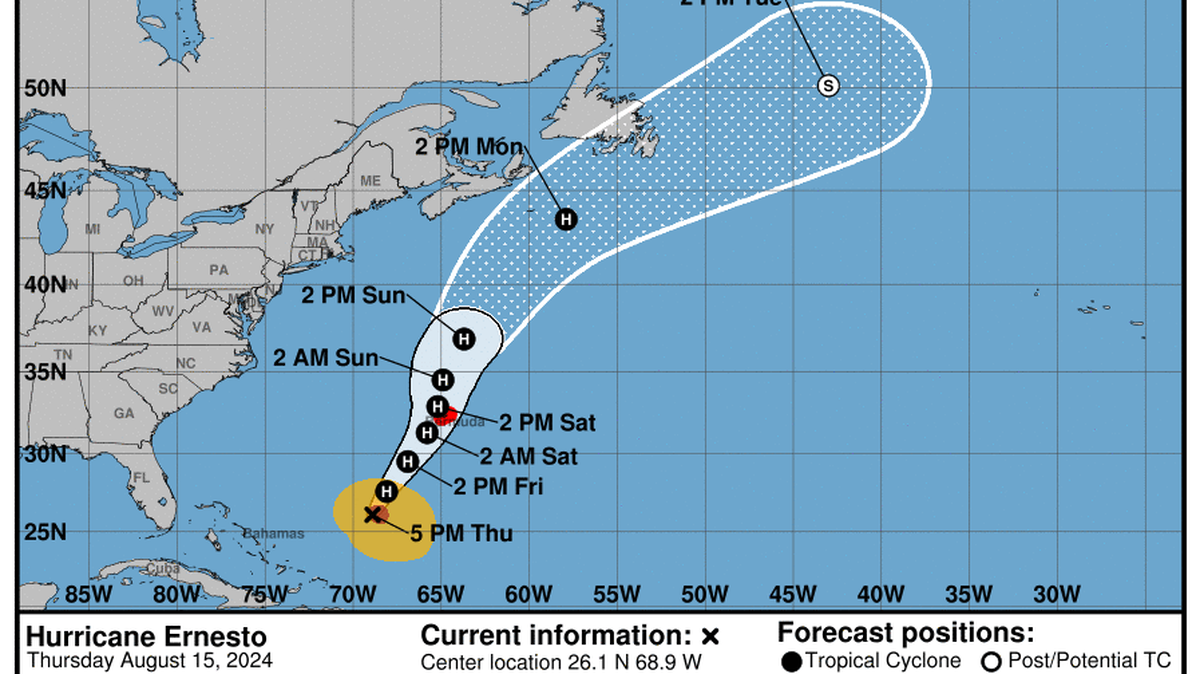 El huracán Ernesto está generando olas de gran altura sobre el Atlántico occidental, entre el sur de Bahamas y las Bermudas
