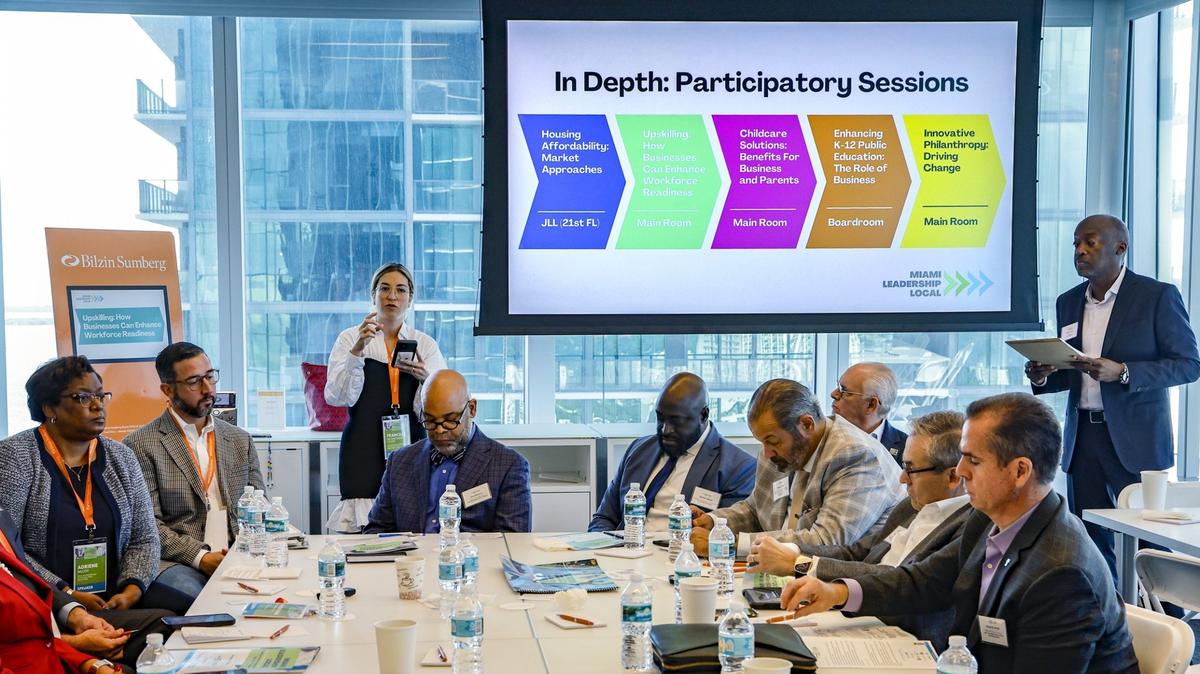 Francesca de Quesada Covey, chief innovation and economic development officer for the Miami-Dade mayor’s office, speaks during the session Upskilling: How business can improve workforce readiness during the Miami Leadership Local conference at Bilzen Sumberg on Oct. 27, 2023.