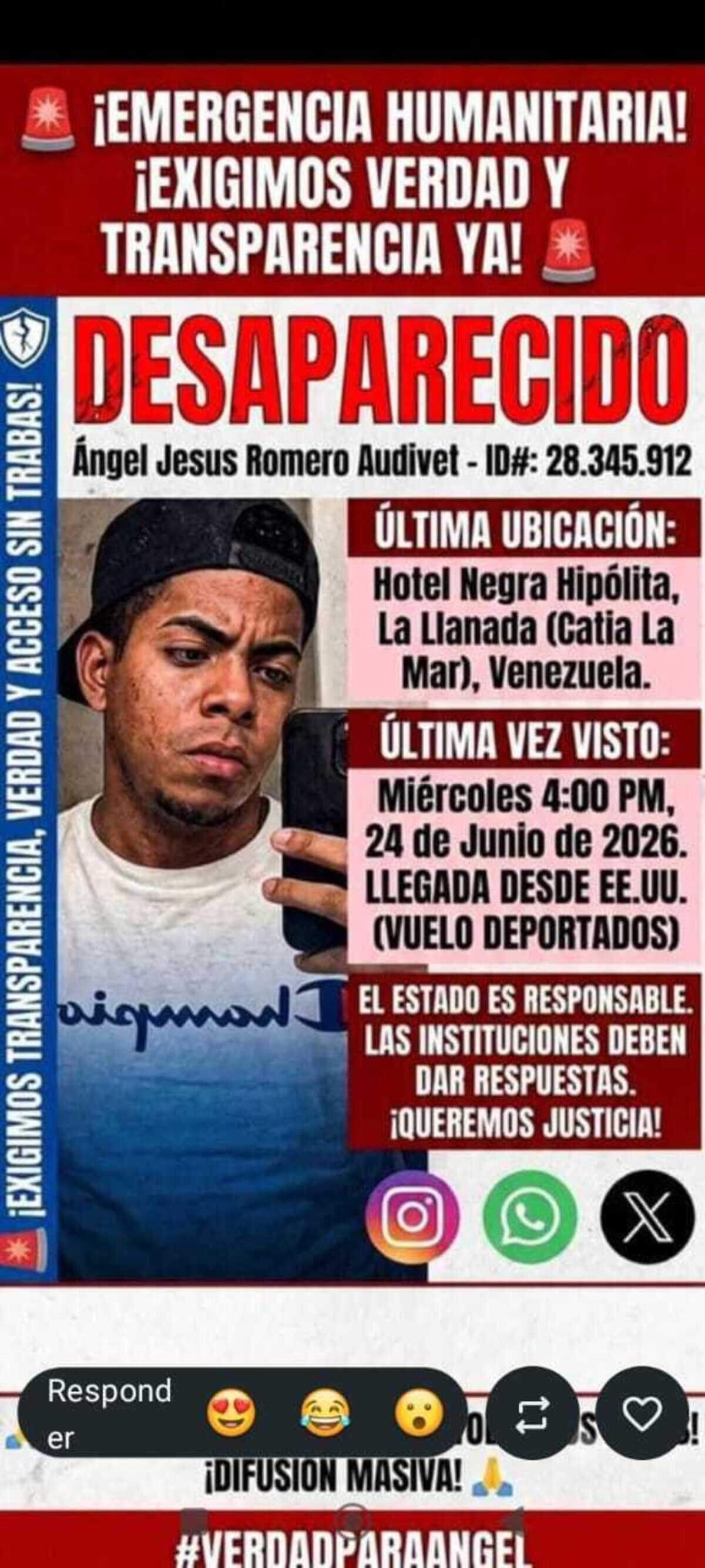 Ángel Jesús Romero Audivet permanece desaparecido después de llegar a Venezuela en el vuelo 164, apenas horas antes de los devastadores terremotos del 24 de junio de 2026.