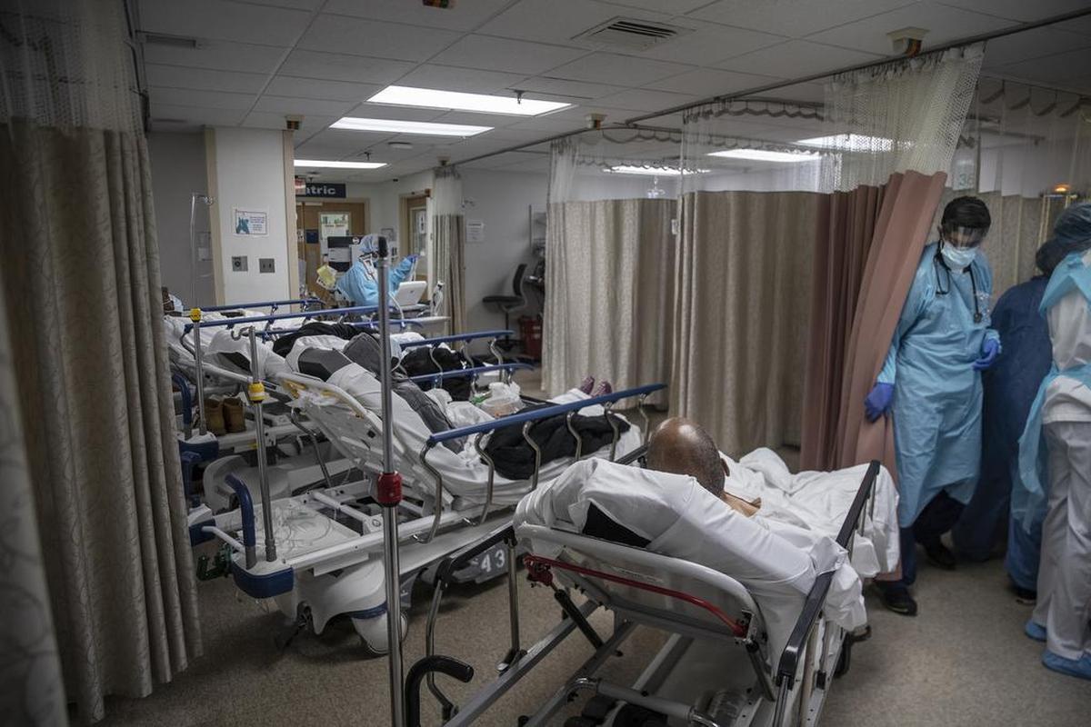 An area of the Brooklyn Hospital Center in New York City is crammed with coronavirus patients.