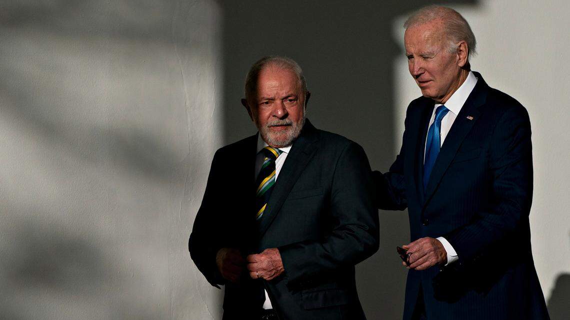 U.S. President Joe Biden, right, and Luiz Inácio Lula da Silva, Brazil’s president, walk through the Colonnade of the White House in Washington, DC, US, on Friday, Feb. 10, 2023.