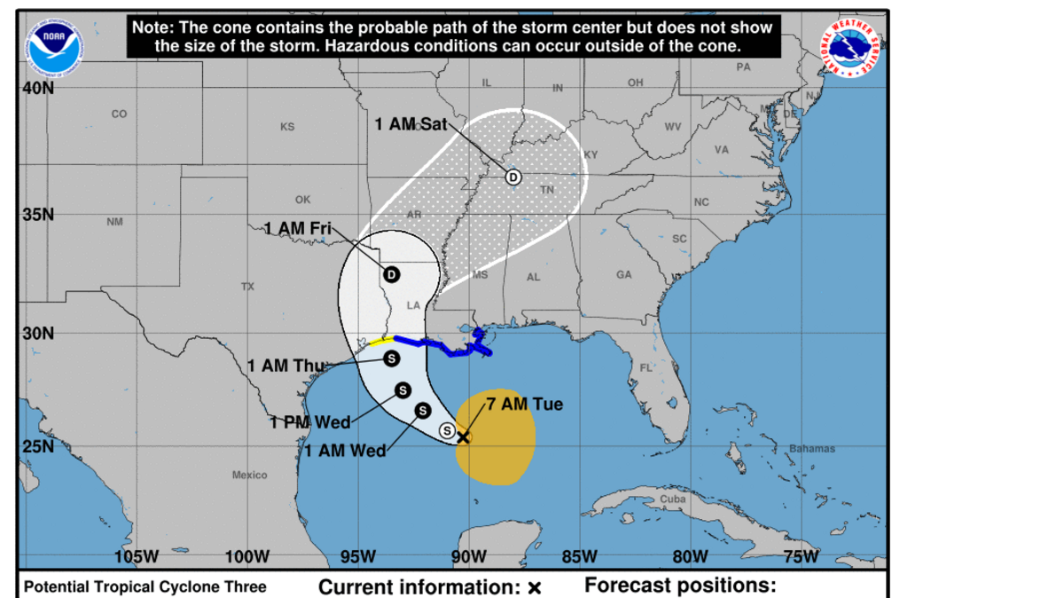 Pronóstico de la tormenta tropical en el Golfo de México cerca de la costa de Louisiana, a las 7 a.m. del martes 20 de junio de 2017. 