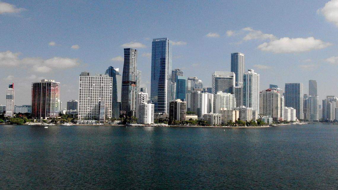 The skyline of the Brickell financial center, where business-commercial towers and luxury condo towers come together over Biscayne Bay, May 30, 2019.