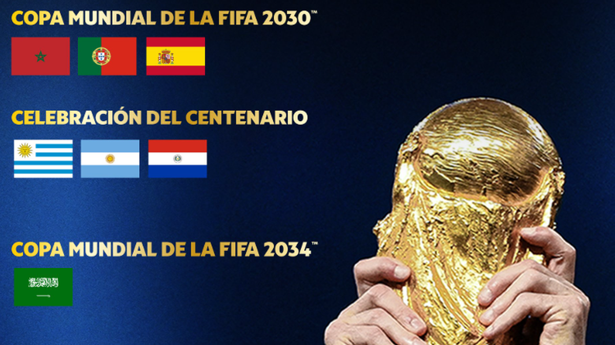 La FIFA oficializó este miércoles la concesión de la sede del Mundial-2030 al trío España-Portugal-Marruecos, con tres partidos en Sudamérica, y la de la edición de 2034 a Arabia Saudita.